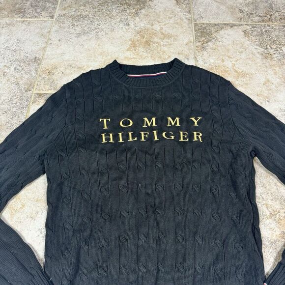 Tommy Hilfiger Cable-Knit Cotton Sweater Mens Medium Black Spellout Chunky - Picture 2 of 10